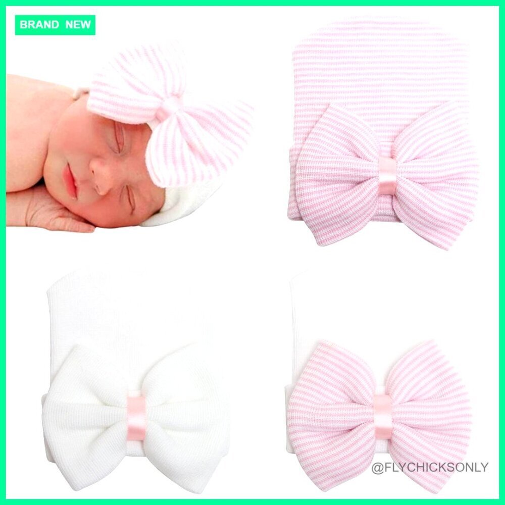 Newborn Hospital Hat with Bow 0-3 Month Soft Cotton Beanie Mittens